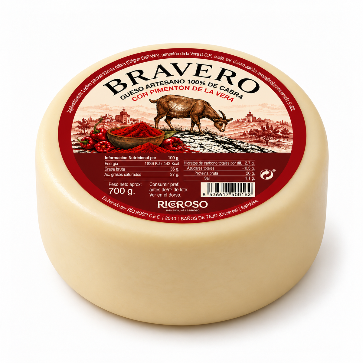 Queso Bravero | Semicurado de Cabra con Pimentón de la Vera | 700 gr