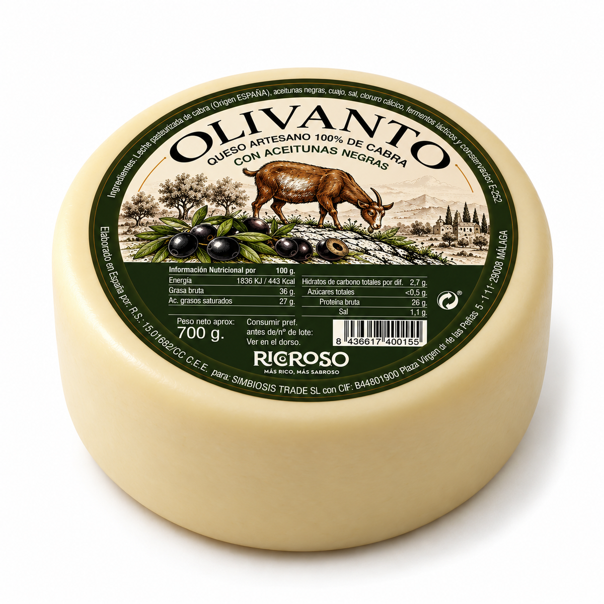 Queso Olivanto | Semicurado de Cabra con Aceitunas Negras | 700 gr