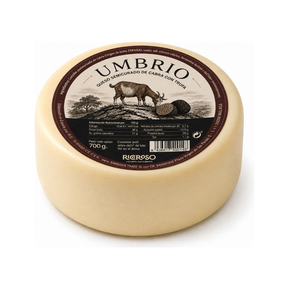 Pieza entera de queso Umbrío de Ricoroso, semicurado de leche de cabra con trufa negra, 700 gramos.